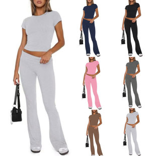 [in stock] Cross-border 2025 American Basic Casual Solid Color T-shirt Casual Pants Short Sleeve Spice Girls Sports suit Women