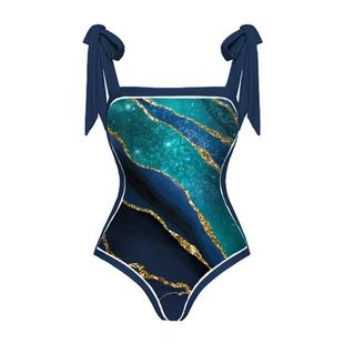 2023 European and American one-piece swimsuit women's retro marble print cross-border slim flower hot spring gauze skirt foreign trade swimsuit