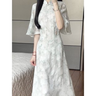 Матча 2024 летом новая свежая элегантность улучшенный темперамент cheongsam длинное ежедневное молодое платье