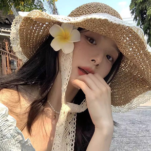Ins Straw Hat Seaside Hat Lace-up Straw Hat Women's Summer Travel Sunscreen Beach Sun Hat Lace Sunshade Hat