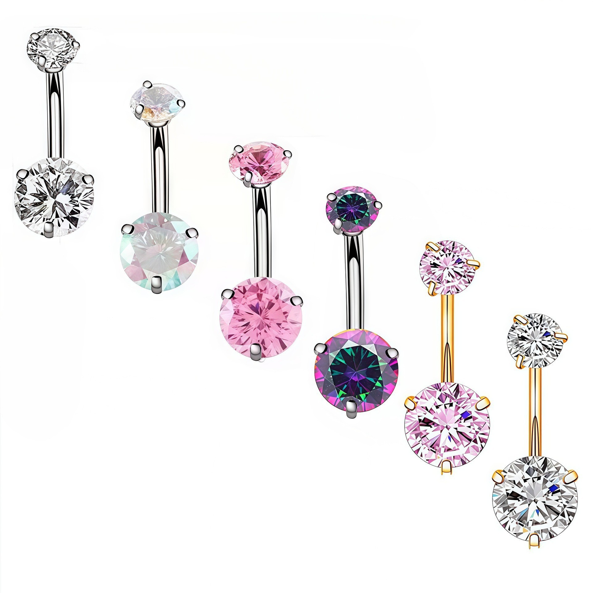 F136 Titanium Alloy Navel Ring with Round Three-Prong Setting and Double Zirconia, Internal Spiral Belly Button Piercing G23 Titanium Body Piercing Navel Jewelry