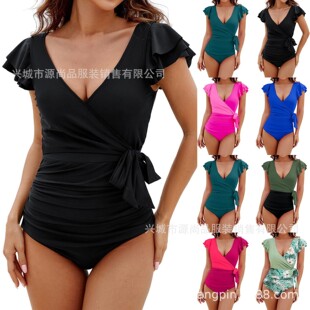 Europe and the United States cross-border new Amazon solid color suspender flash sexy one-piece bikini swimsuit Russian AliExpress