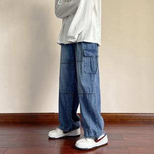 Wide-leg Denim Pants Men's Spring and Autumn Trendy Brand Hong Kong Style Retro Loose Casual Large Pocket Tooling Pants