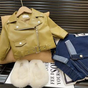 Girls' autumn short leather jacket 2024 New Korean style casual street design fashionable motorcycle jacket