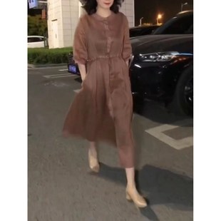 23333 Big Beauty Yiyuan 2023 Новое платье в Корейском стиле, однотонное свободное платье средней длины, покрывающее мясо, высокого класса