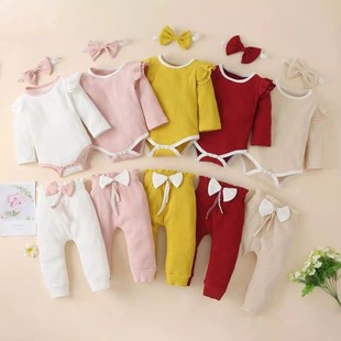 Осень 2023 Amazon Baby Cotton однотонный костюм из трех частей с длинными рукавами и бантом