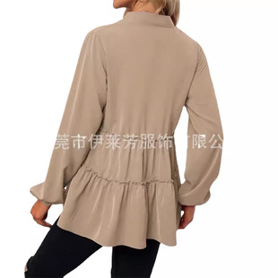 2023 autumn and winter women's cross-border wish European and American ebay Amazon solid color v-neck ruffled ruffled hem shirt