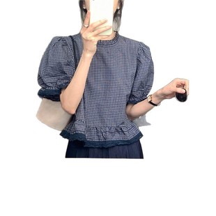 Design Sense Bubble Short-sleeved Lace Plaid Shirt Women's Summer French Unique Niche Elegant Age-reducing Doll Shirt Top