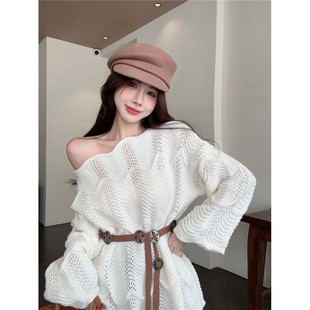 Korean Style Gentle Casual Sweet Cut Out Lace Pullover Knitted Sweater Autumn and Winter New Style Lazy Loose Slimming Look Top