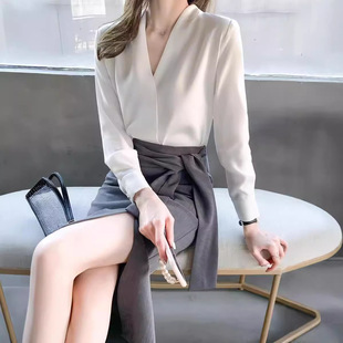 Collarless White Shirt Women's Anti-wrinkle Work Clothes Top Autumn Wear Sense Elegant Chiffon V-neck Professional Long-sleeved Shirt