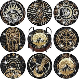 ☾ Diamond Painting Coaster Mandala Christmas Insulated Wooden Low Placemat Round Sticker Diamond Show with Shelf Color Box