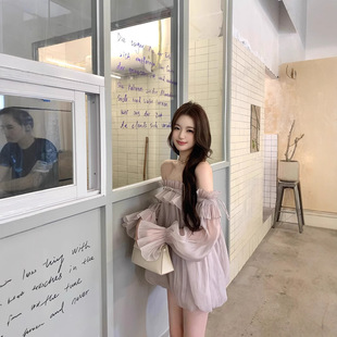 Hotdog Hot Dog Spicy Smoke Rain Fog Purple Sweet Gentle Temperament Long Sleeve dress Skirt with Shoulder