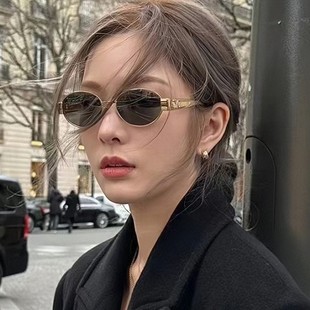 2024 New Oval Same Style European and American Sunglasses Women American Style Retro Fashion Oval Metal Sunglasses Personalized Cat's Eye