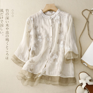 Heavy Embroidered Ramie Top Women's Seven-Sleeve Cotton and Linen Stitching Small Shirt Women's Artistic Retro New Style