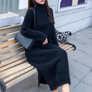 Cross-border Women's Imitation Mink Velvet High Collar Split Sweater Dress Autumn and Winter Long Over-knee Inner Knitted Base dress
