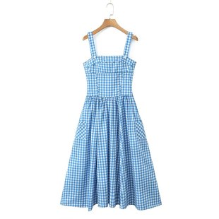 Sexy Pastoral Blue Plaid Mid-Length Dress Fashion Elegant Slim Sling dress S20561