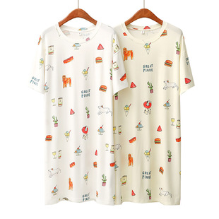 gp Japanese cartoon hamburger ice cream modal nightdress women's summer thin round neck mid-length cute dress