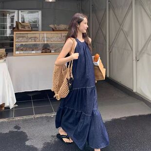 Strap French Neck Denim dress Women's Design Sense Summer Small Loose Slim A- line Large Long Dress