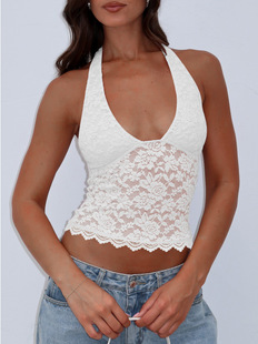 European and American Women's Clothing 2025 Summer New Hot Girl Hollow Lace Slim Sexy Vest Versatile Halterneck Sling Wholesale