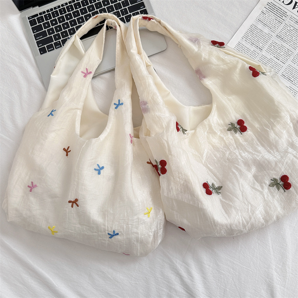 47241 Ins sheer embroidered cherry large capacity student shoulder bag, women's underarm bag, commuter/work canvas bag