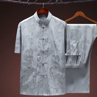 Ice Silk Tang Suit Men's Middle-aged and Elderly Short-sleeved Shirt Silk Chinese Style Dad Casual plus size Grandpa Summer Clothes Hanfu
