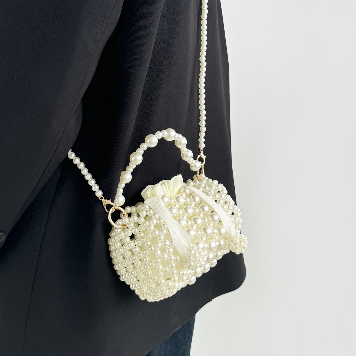 Cute woven pearl bag for girls, new 2026 style, sweet fairy princess handbag, crossbody bag, bridesmaid bag