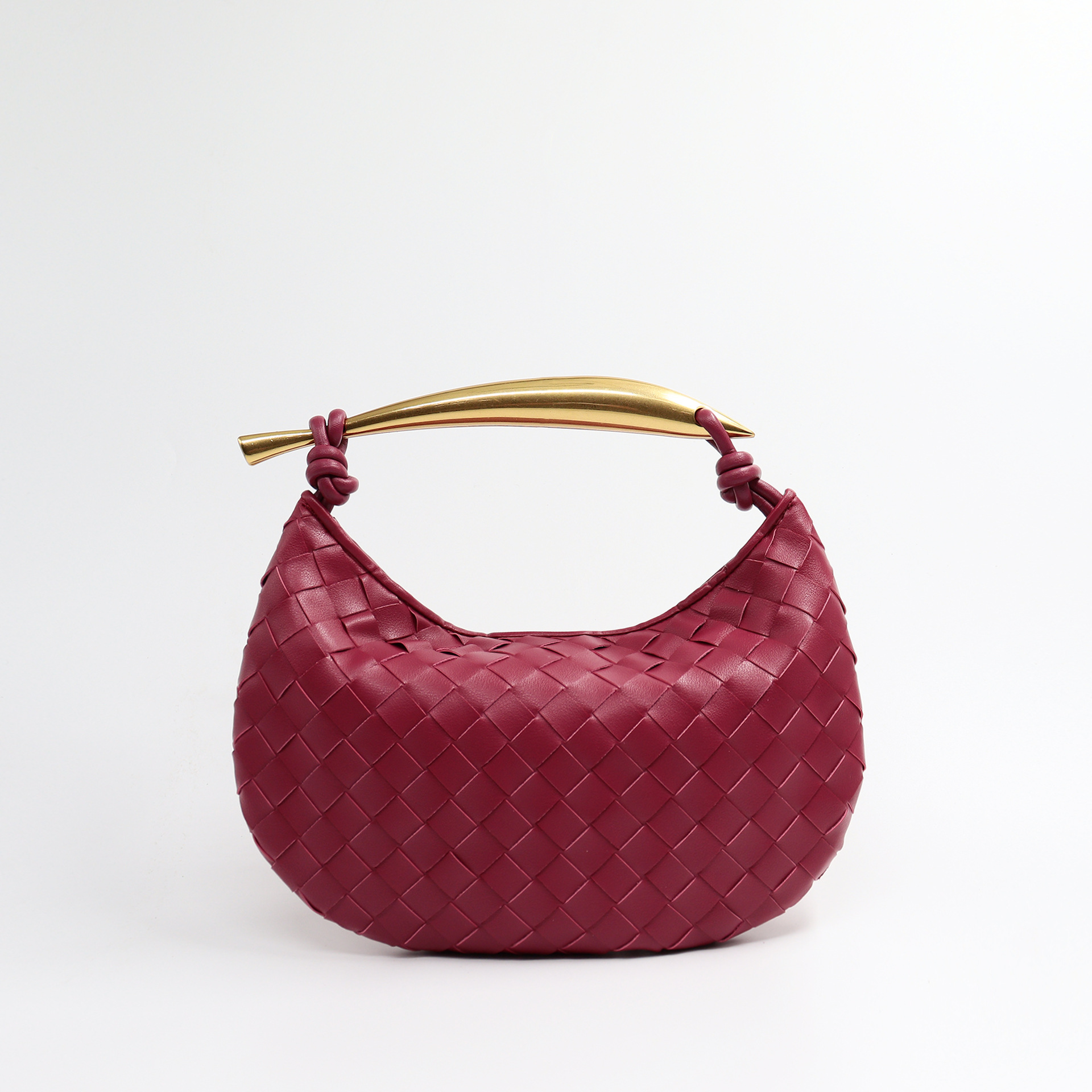 New metal handle woven bag, niche sardine solid color handbag, dumpling bag, fashionable and casual genuine leather tote bag.
