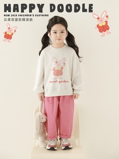 Wuri Boo Girl's Cartoon Printed Sweatshirt 2025 Spring Children's Playful Cute Soft Waxy Skin-Friendly Elastic Leisure