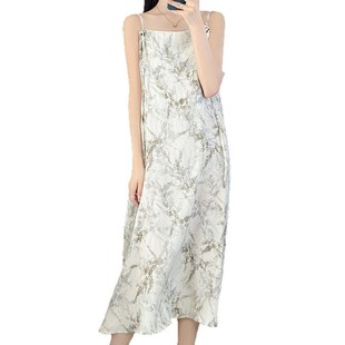 High goods ink painting retro sling dress 25 years summer new temperament square collar sleeveless satin printing long