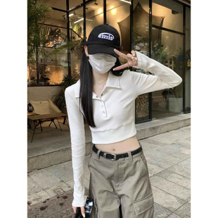 Sweet Spice Girl Polo Collar Short Long-sleeved T-shirt Women's Autumn and Winter Tight Waist Slim-fit Inner Base Shirt High Waist Navel Top