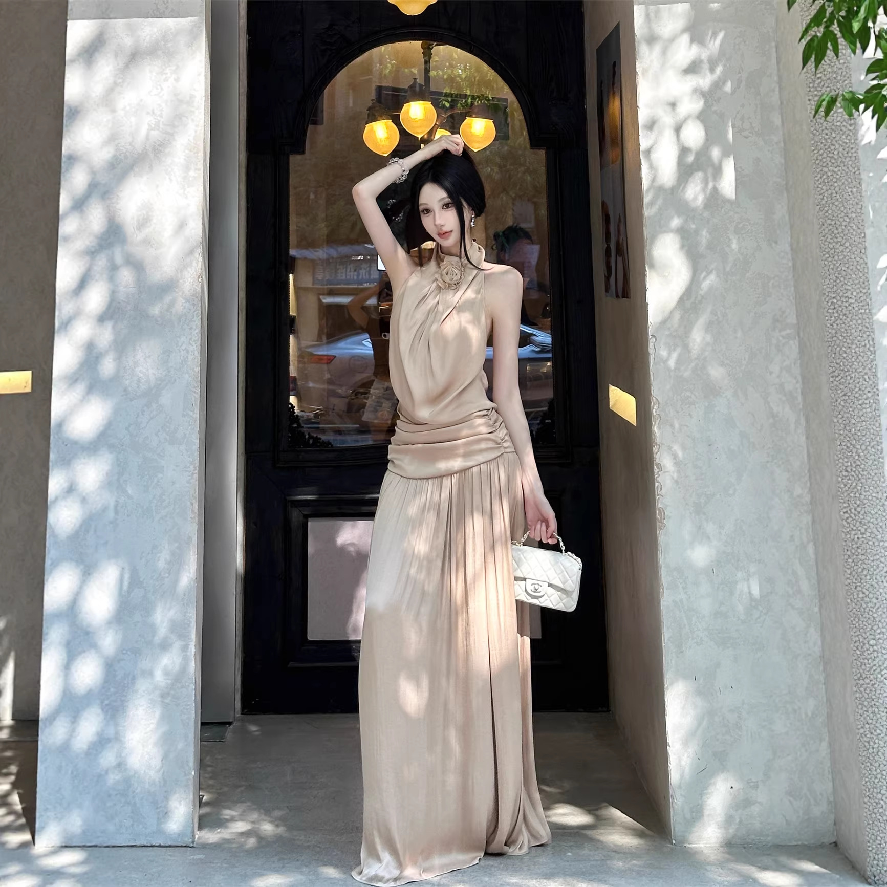 Halter Neck Dress with a Draped Neckline, Elegant Socialite Gown, Beach-Style Spaghetti Strap Backless Long Dress