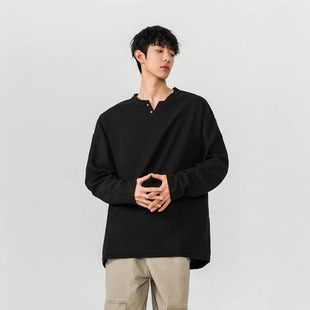 Small V-neck rivet waffle long sleeve T-shirt men's 2025 spring new heavyweight teenagers loose pullover upper clothes