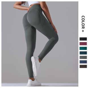 Cross-border European and American seamless knitted high waist belly contracting sports yoga pants women's high elastic peach hip fitness riding running pants