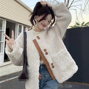 Pink Chanel Style Lambswool Coat Women's Autumn and Winter 2024 New Elegant Faux Leather Loose Furry Top