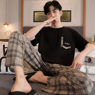 Men's Pajamas Summer Combed Cotton Casual Fashion Short-sleeved Trousers Youth Loose Outer Wear Home Clothes suit