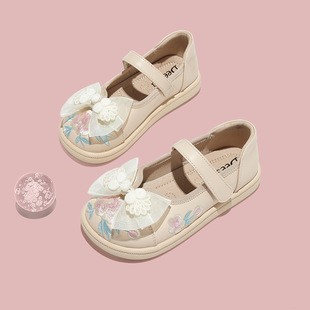 Disha Girls' Small Leather Shoes with Bow Princess Shoes Embroidered Chinoiserie Medium and Large Children's Han Dynasty with Cheongsam Girls' Shoes