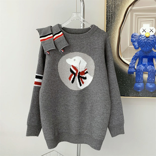 Autumn and winter New bow dog jacquard round neck sweater women's TB lazy style loose pullover sweater with socks