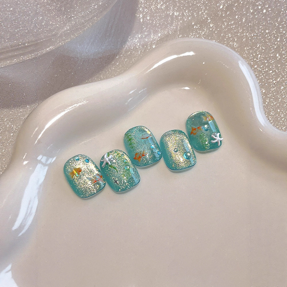 Nail Art Stickers Summer Refreshing Ocean Symphony Little Goldfish Bubble Green Seaweed Laser Four-Pointed Star Nail Stickers