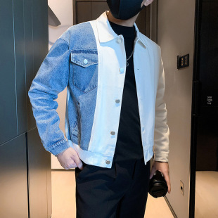 Autumn New Design Denim Splicing Jacket Men's Trendy Brand Fashion Jacket Men's Handsome Casual Top