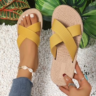 Cross-border foreign trade sandals and slippers women's 2025 summer new outer wear flat bottom hemp rope bottom cross belt beach sandals wholesale