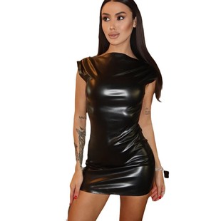 European and American style elegant fashion PU leather stitching sexy sleeveless zipper slim fit slim hip short dress