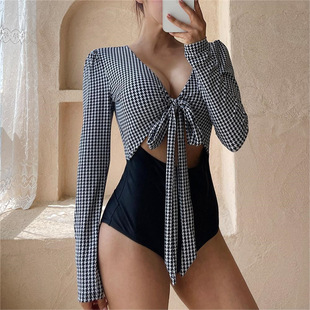 2022 Korean Style Slim-fit Slimming Conservative Long-sleeved Simple One-piece Outdoor Sports Style Student Swimsuit Women's Bikini