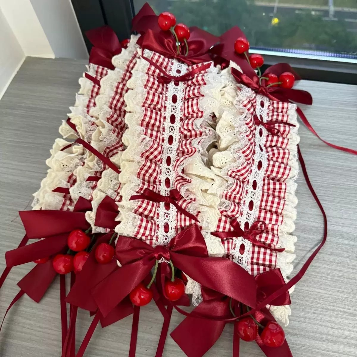 Cherry Ripe Lolita Homemade Cake Mini Hat Sunshade Straw Hat Burgundy Plaid Headband Bnt
