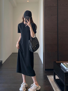 Blogger Fan One-Piece Easy to Go Out and Hide Flesh Small Black Dress Long T-shirt dress Women's New G041910