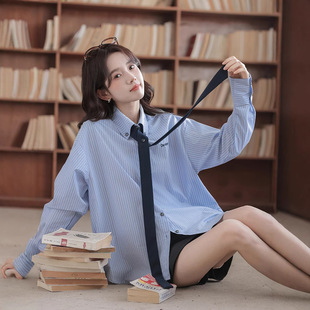 Real shot 2025 spring Korean style ins college style loose lazy blue striped long sleeve shirt top women's bow tie