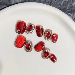 Real shot wear nail handmade manicure finished fake nail patch TikTok hot red bulb cat eye buchilla