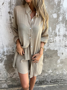2025 Cross-border European and American Women's Clothing Amazon Independent Station Spring and Summer Casual Ice Silk Wrinkle Solid Color Shirt Top suit