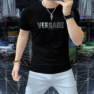 Fashion men's high-end mercerized cotton crew neck short-sleeved T-shirt comfortable breathable versatile slim-fit men's trendy men's top