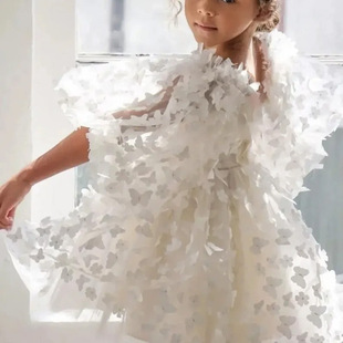 Cross-border Foreign Trade Children's Bubble Sleeve Dress Three-dimensional Butterfly Design Sense Mesh Puffy Princess Dress Backless Performance Dress