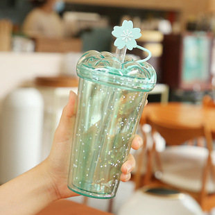 High color value suction tube cup female students portable milk tea cup large diameter cherry blossom plastic cup gift accompanying cup wholesale